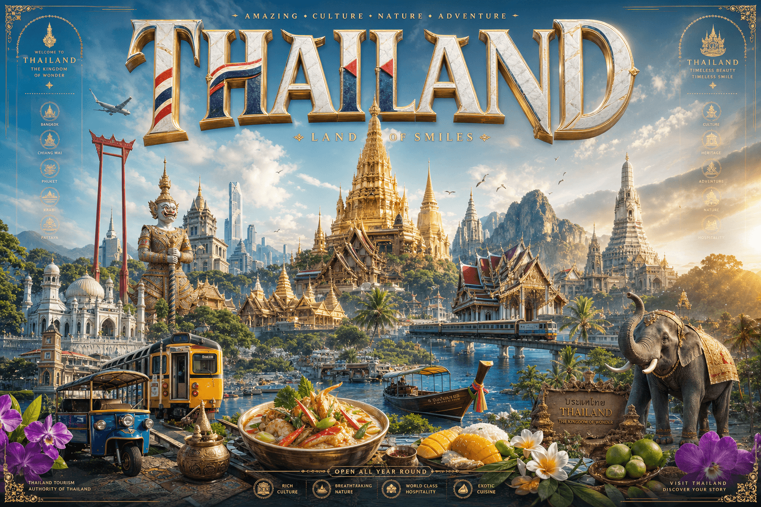 Ultra-premium cinematic 3D travel poster for Thailand, bright luxury aesthetic, 