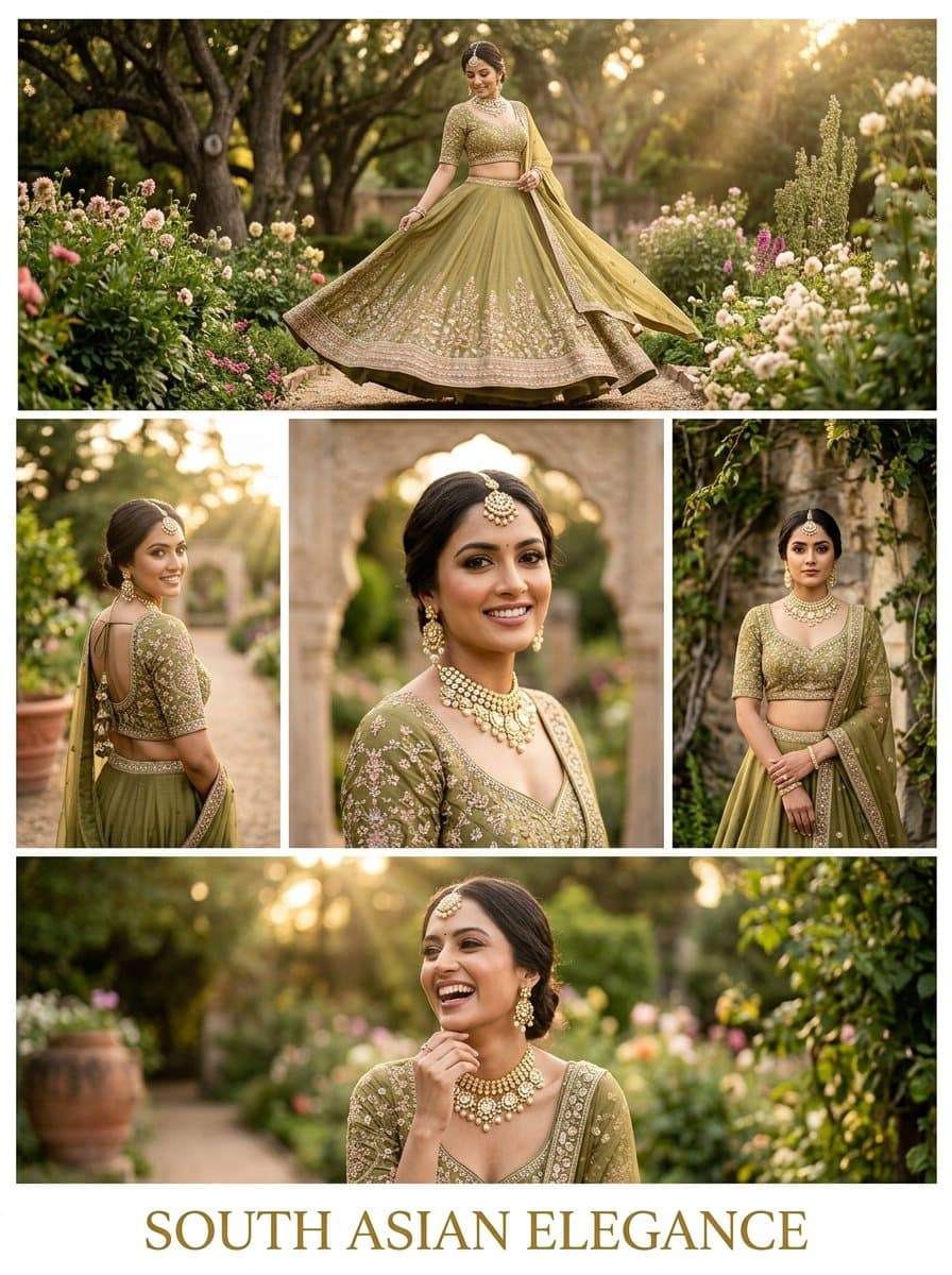 Elegant multi-frame portrait poster of a stunning young South Asian woman in an 