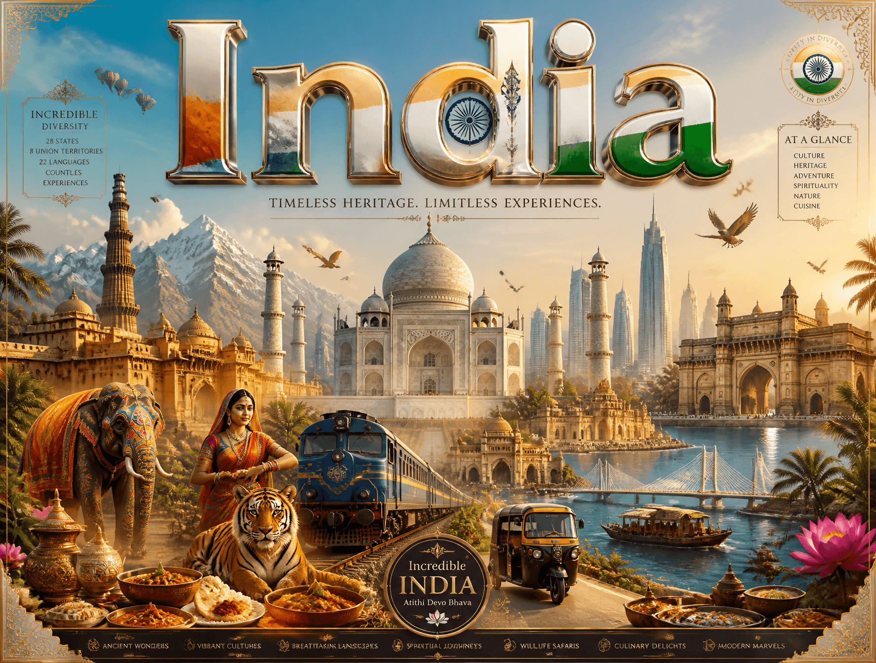 Ultra-premium cinematic 3D travel poster for [INDIA], bright luxury aesthetic, s