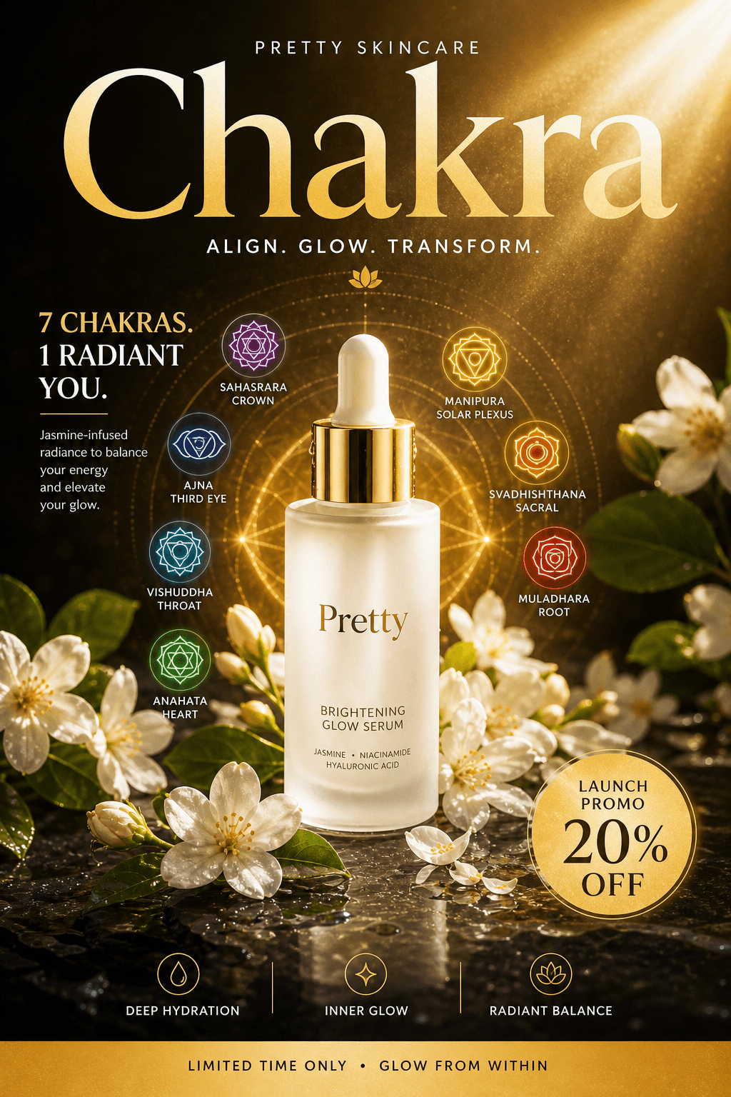 Design a striking marketing poster for a Promo. Headline text: "Chakra". Bold mo
