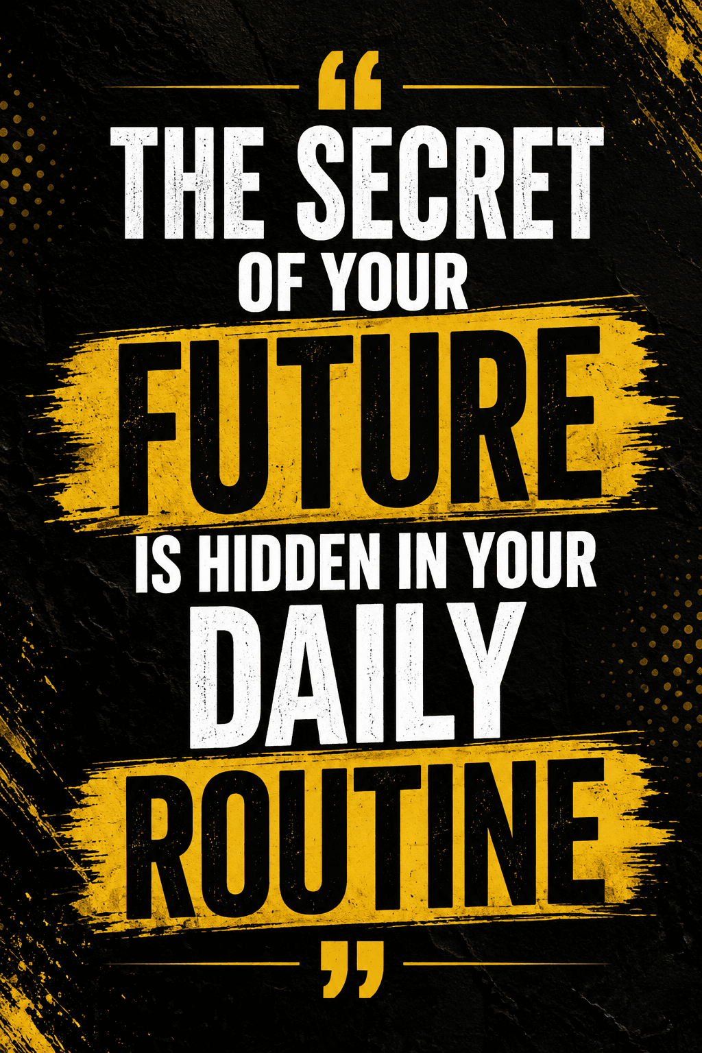 Create a premium motivational typography poster with a deep black textured backg