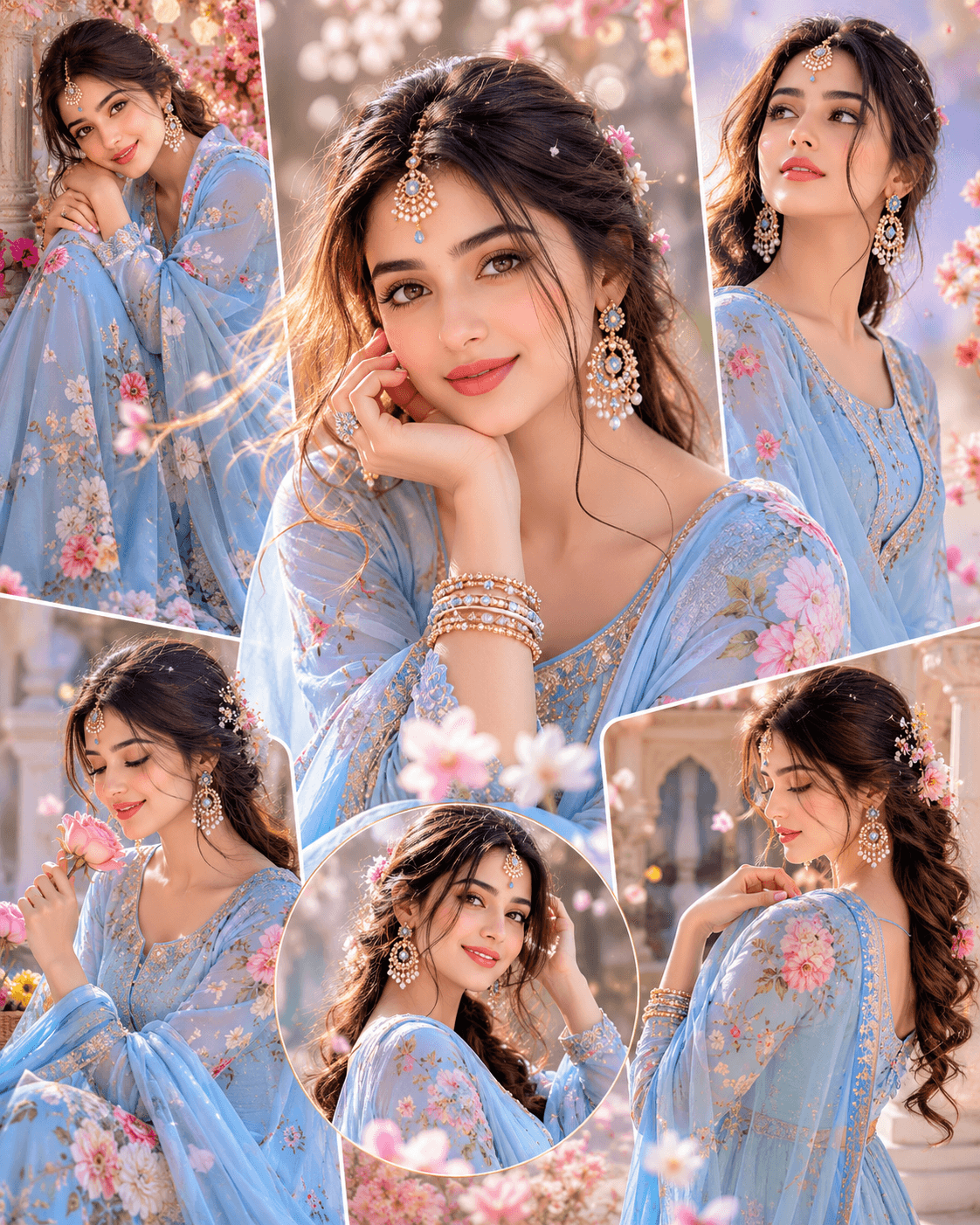 Create a dreamy aesthetic portrait collage of a beautiful young Indian girl wear