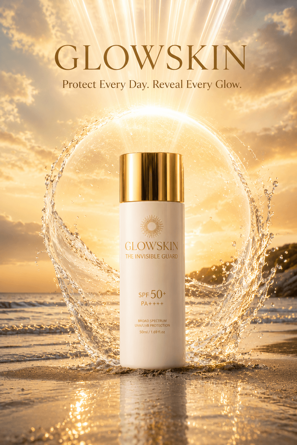 Luxury skincare advertising masterpiece, a colossal premium sunscreen bottle sta