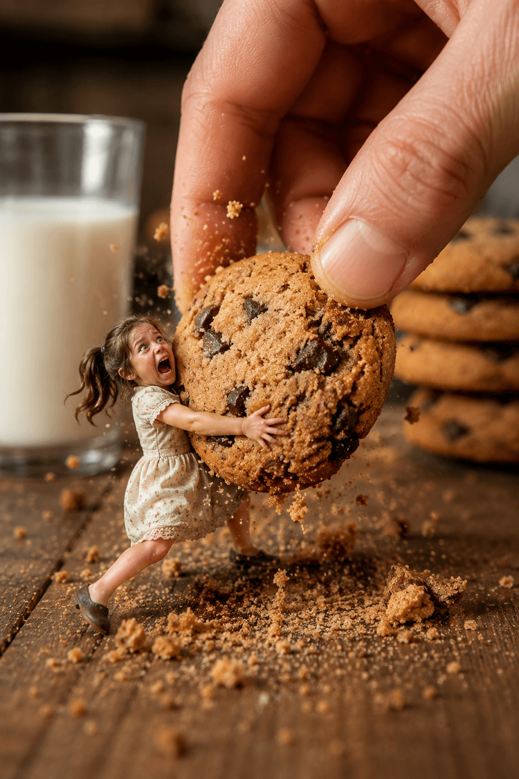 Ultra-realistic micro-surreal comedy scene, a tiny girl desperately hugging and 