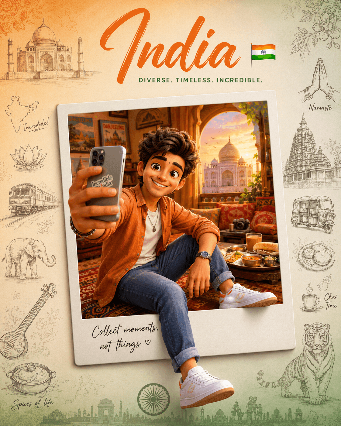 Create a premium collectible travel poster in a cute stylized 3D cartoon/Pixar-i