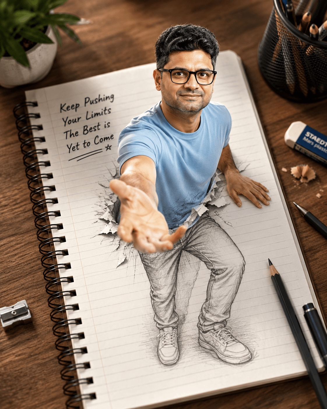 A creative 3D illusion artwork of the young man from the reference photo steppin