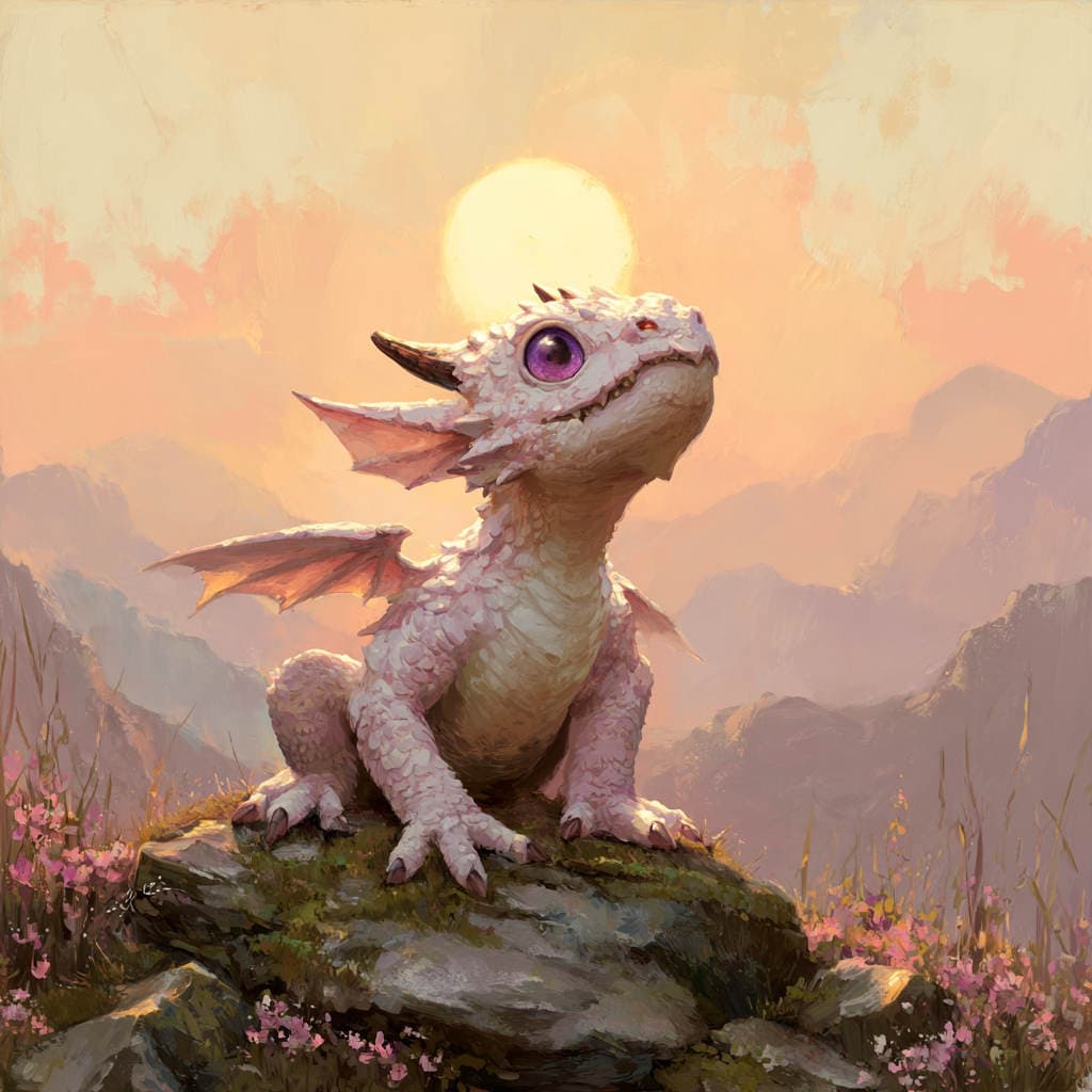 A palm-sized pale lavender dragon hatchling with pearlescent white underbelly sc