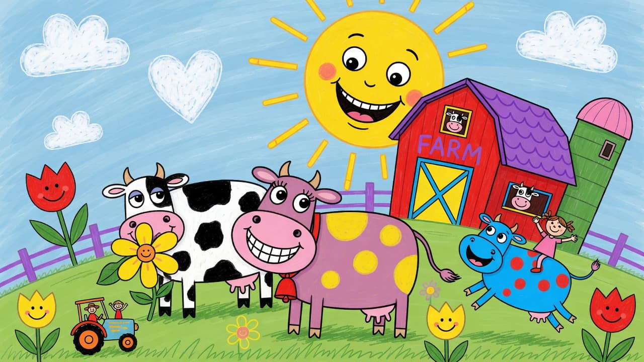 Joyful childlike farm scene with oversized cows, crooked barn, and smiling sun i