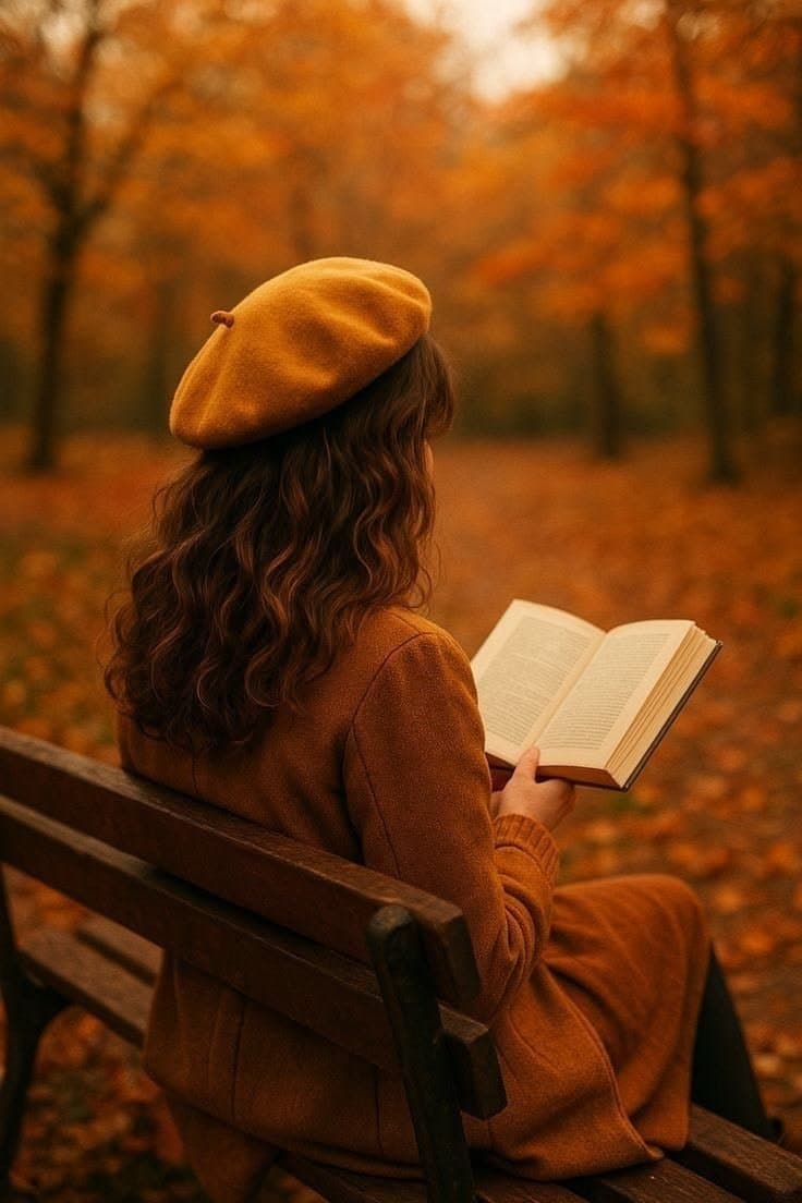 Create a highly realistic cinematic autumn portrait of a young woman enjoying a